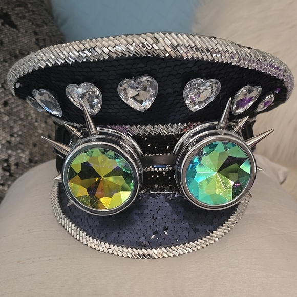 Black Sequin Captain Hat with Gem Accents